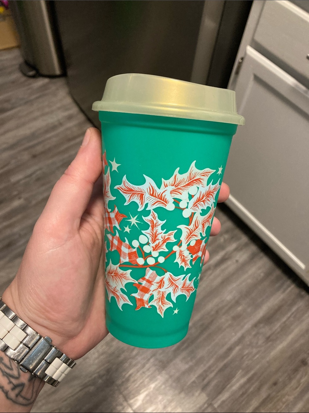Starbucks Teal Holiday Tumbler with Red and White Holly Design